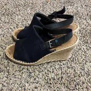 Toms Black Canvas Espadrille Slingback Wedges